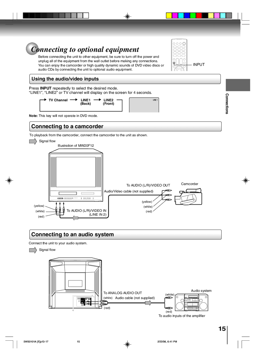 Toshiba MW24F12 Connecting to optional equipment, Connecting to a camcorder, Connecting to an audio system, LINE1 LINE2 