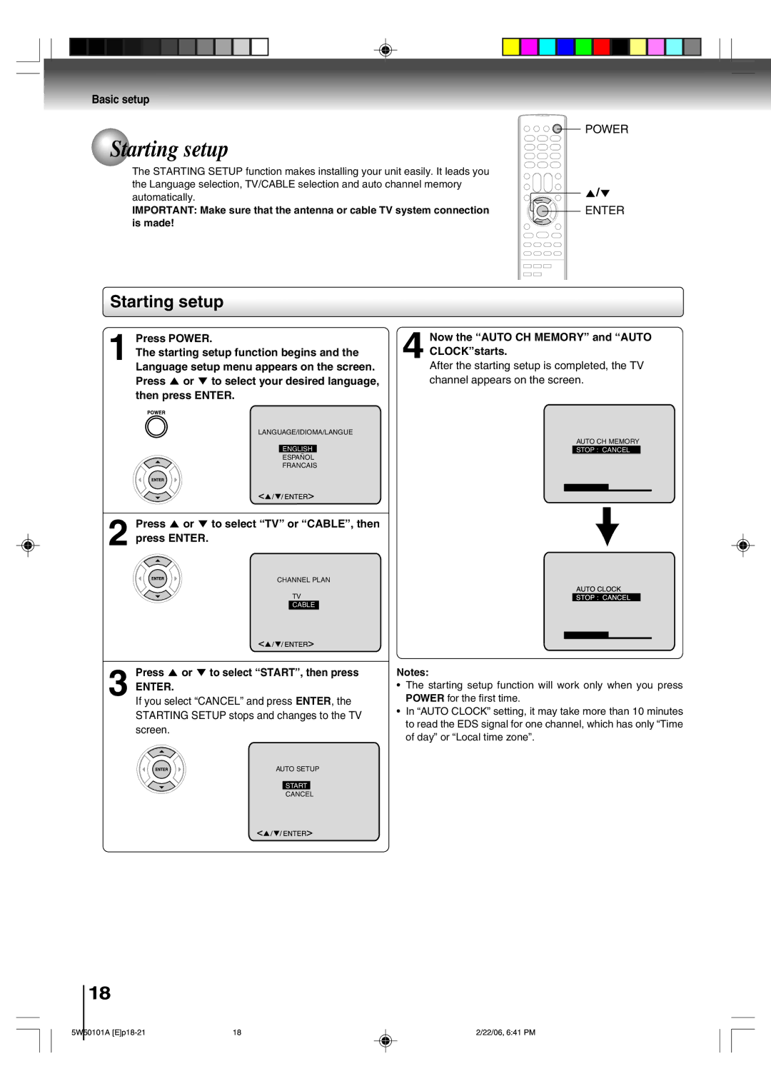 Toshiba MW20F12, MW24F12 owner manual Starting setup, Basic setup, Enter 