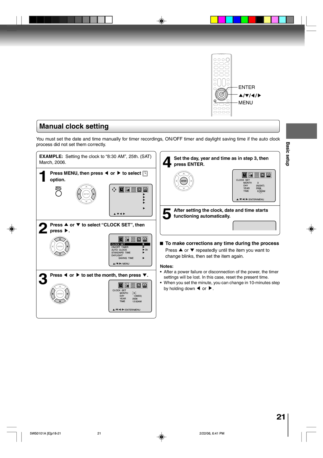 Toshiba MW24F12, MW20F12 owner manual Manual clock setting, To make corrections any time during the process, Basic, Setup 