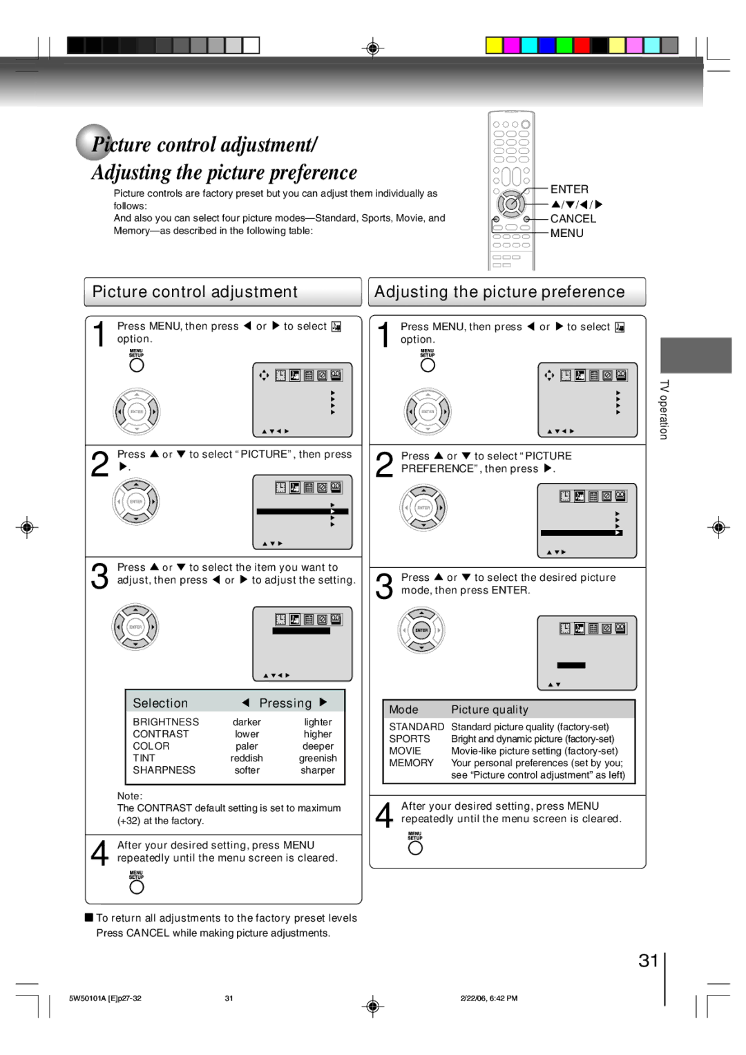 Toshiba MW24F12, MW20F12 owner manual Picture control adjustment Adjusting the picture preference, Mode Picture quality 