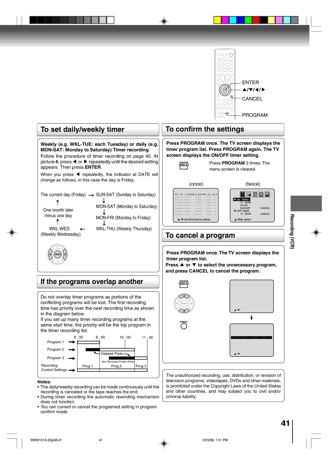 Toshiba MW24F12 To set daily/weekly timer, If the programs overlap another, To confirm the settings, To cancel a program 