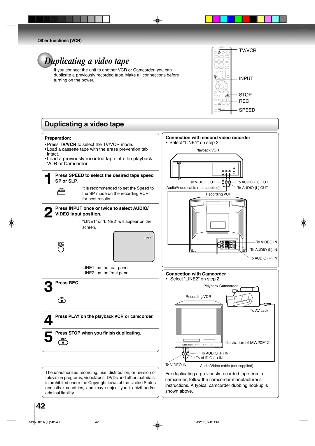 Toshiba MW20F12, MW24F12 owner manual Duplicating a video tape, Other functions VCR, Connection with second video recorder 