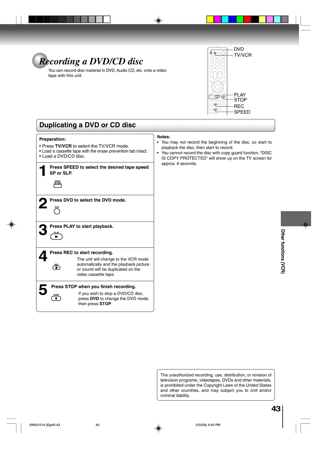 Toshiba MW24F12, MW20F12 owner manual Recording a DVD/CD disc, Duplicating a DVD or CD disc, Other functions VCR 