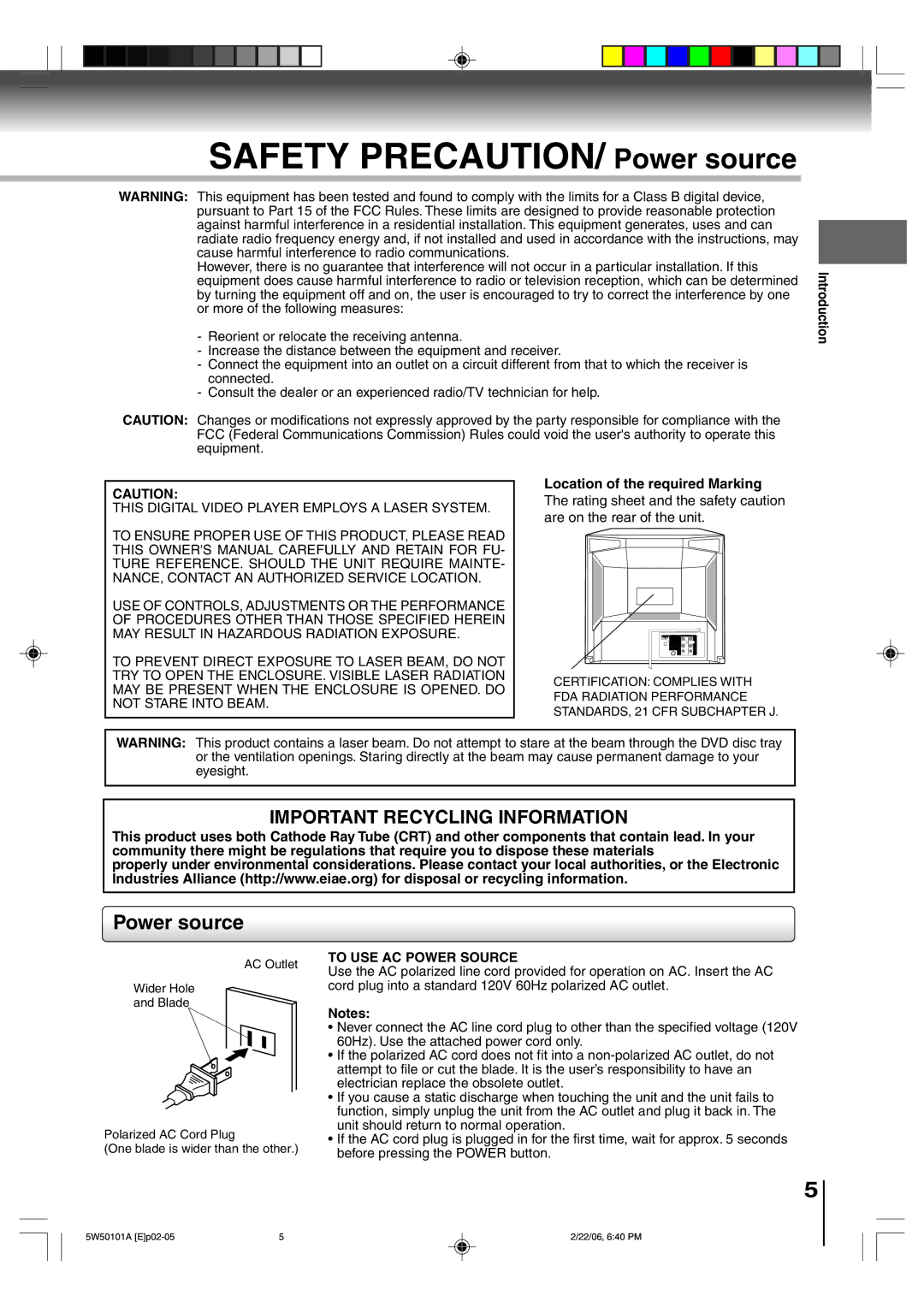 Toshiba MW24F12, MW20F12 Power source, Location of the required Marking, Rating sheet and the safety caution, Introduction 