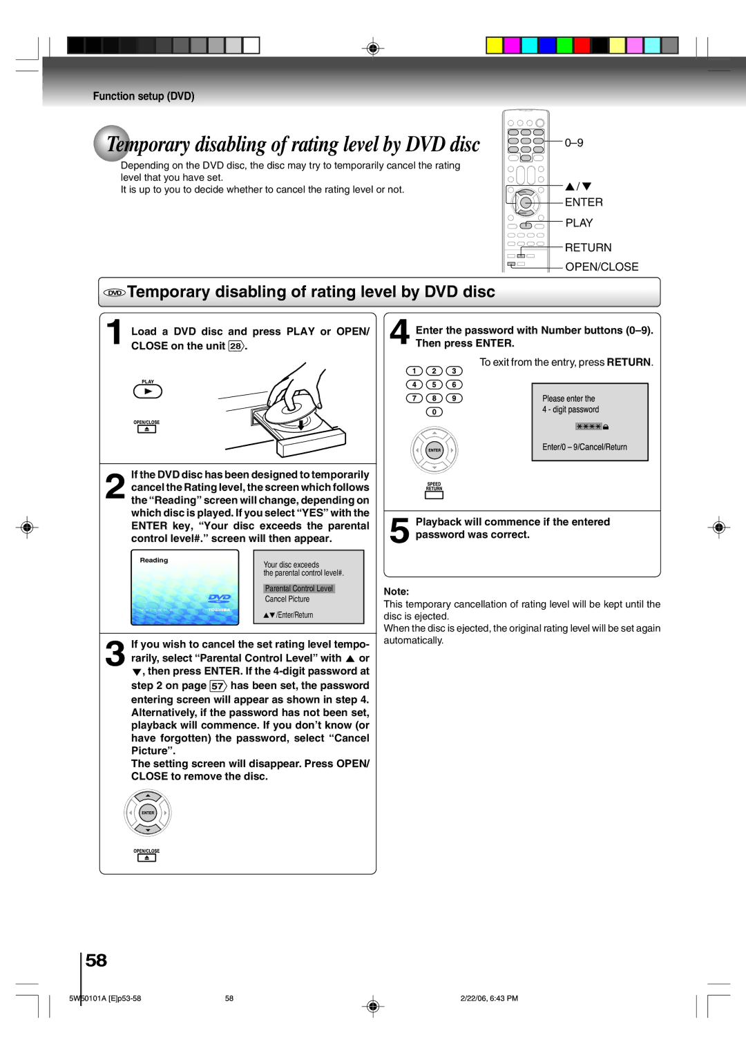 Toshiba MW20F12, MW24F12 DVD Temporary disabling of rating level by DVD disc, To exit from the entry, press Return 