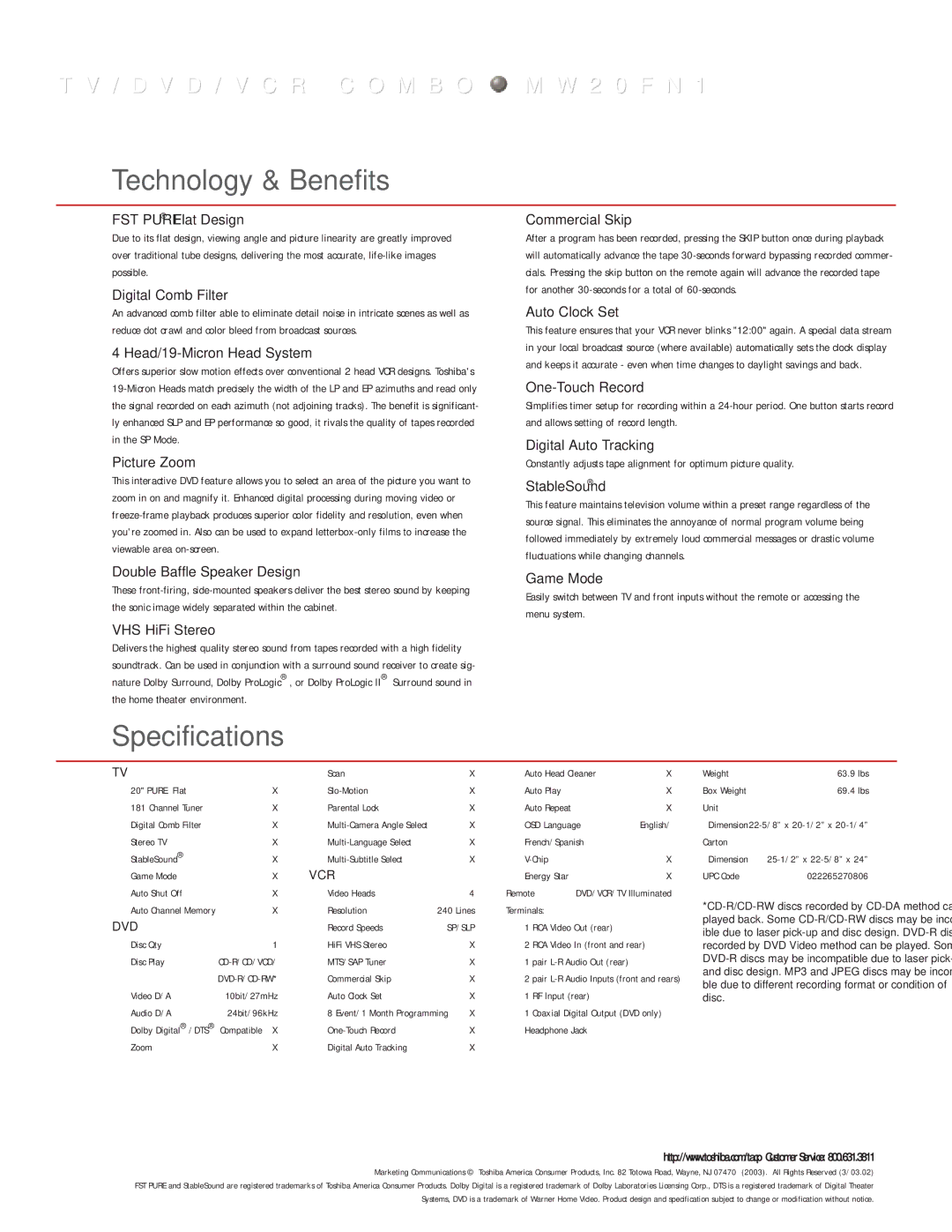 Toshiba MW20FN1 manual Technology & Benefits, Specifications 