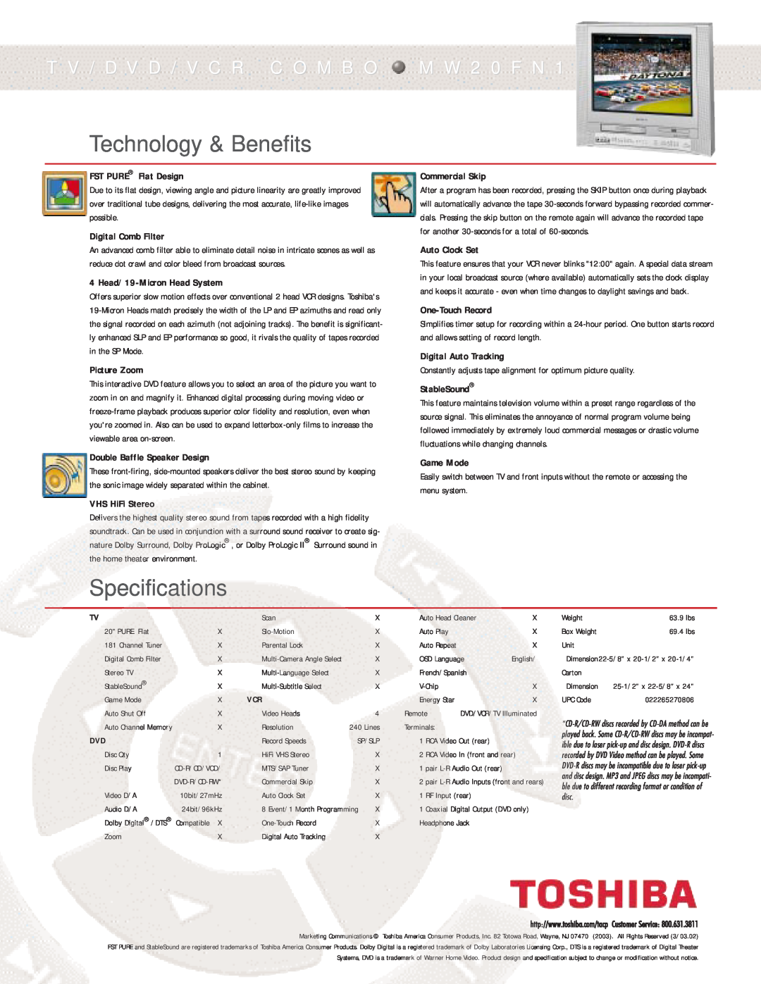 Toshiba MW20FN1 manual Technology & Benefits, Specifications, T V / D V D / V C R C O M B O M W 2 0 F N 