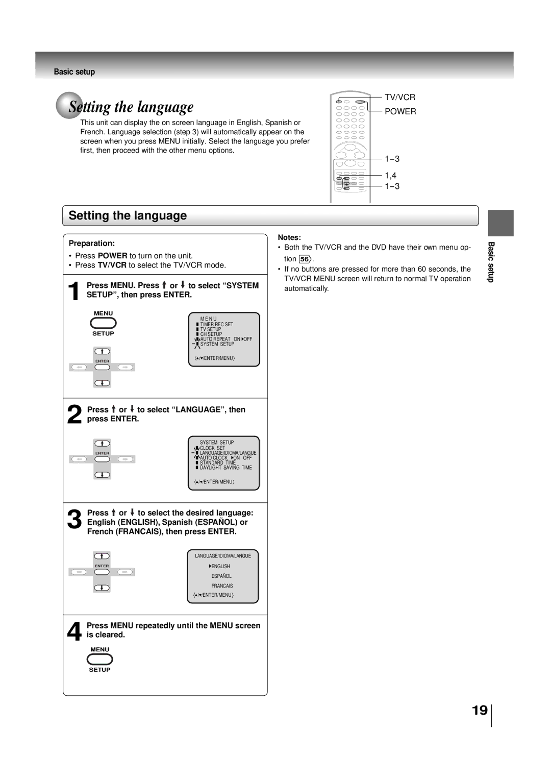 Toshiba MW24FN3/R, MW20FN3/R owner manual Setting the language, Basic setup 