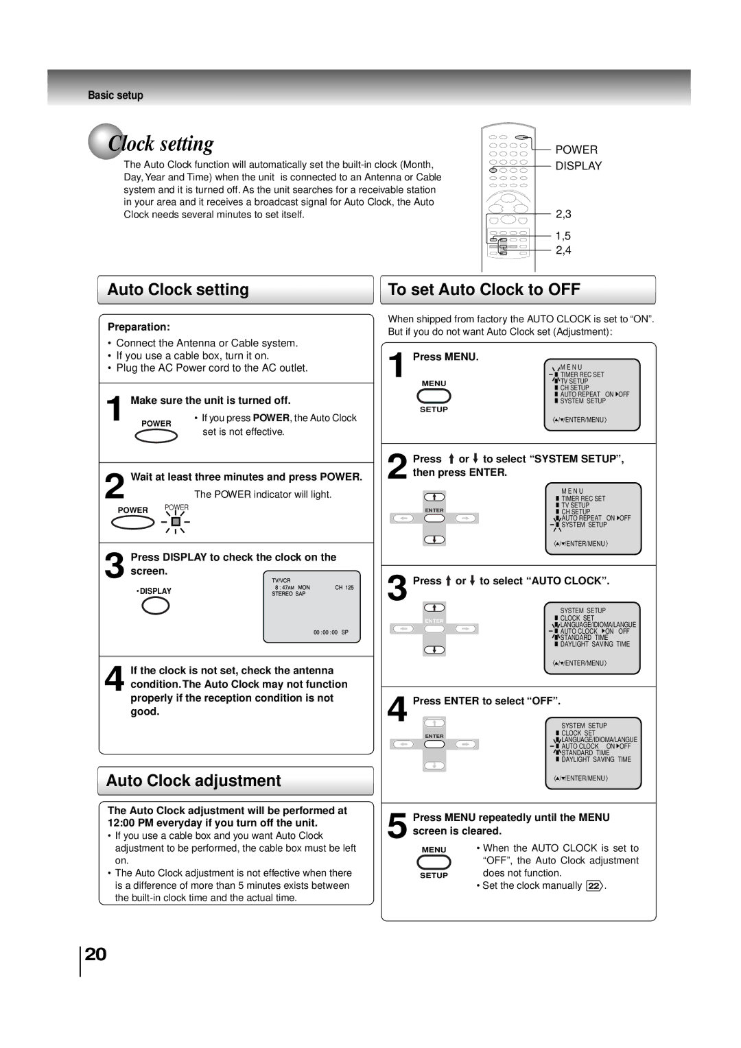 Toshiba MW20FN3/R, MW24FN3/R owner manual Auto Clock setting, Auto Clock adjustment, To set Auto Clock to OFF 