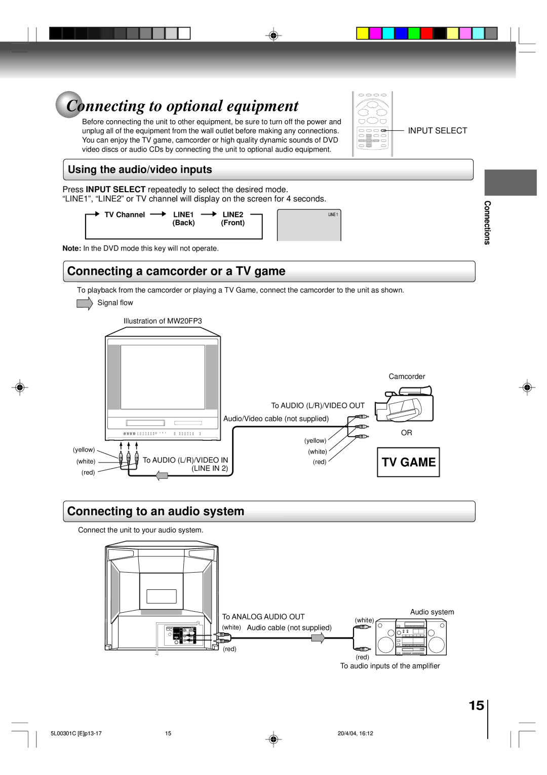 Toshiba MW24FP3 Connecting to optional equipment, Connecting a camcorder or a TV game, Connecting to an audio system 