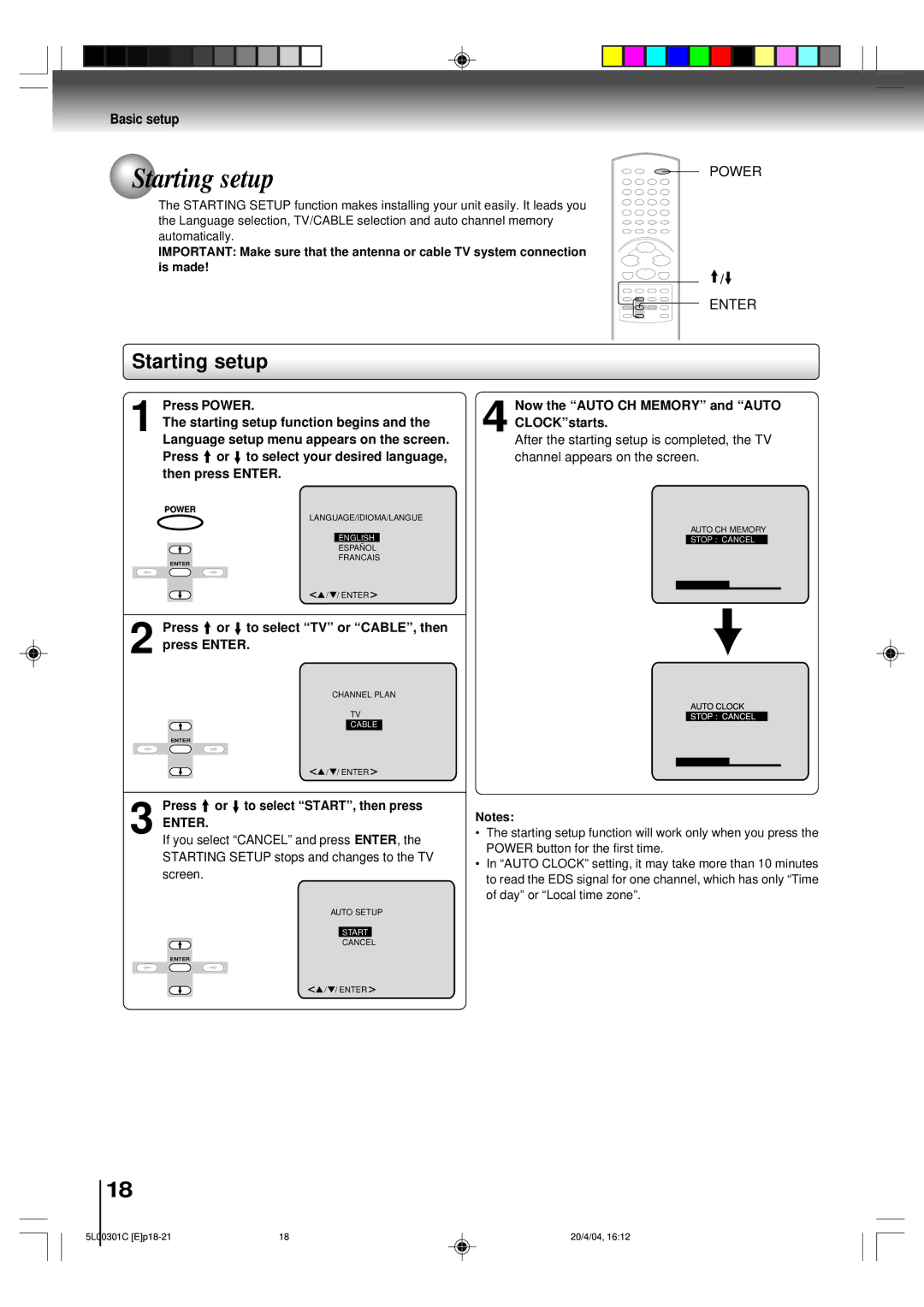 Toshiba MW20FP3, MW24FP3 owner manual Starting setup, Basic setup, Enter 