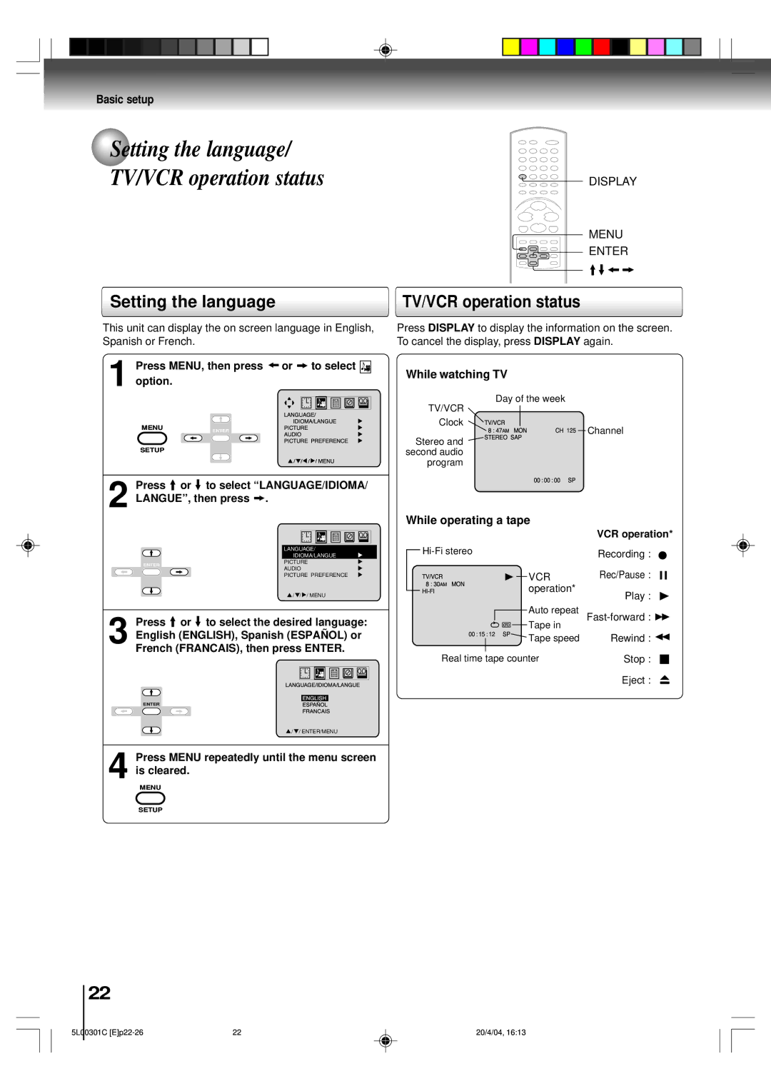 Toshiba MW20FP3, MW24FP3 owner manual Setting the language, While watching TV, While operating a tape 