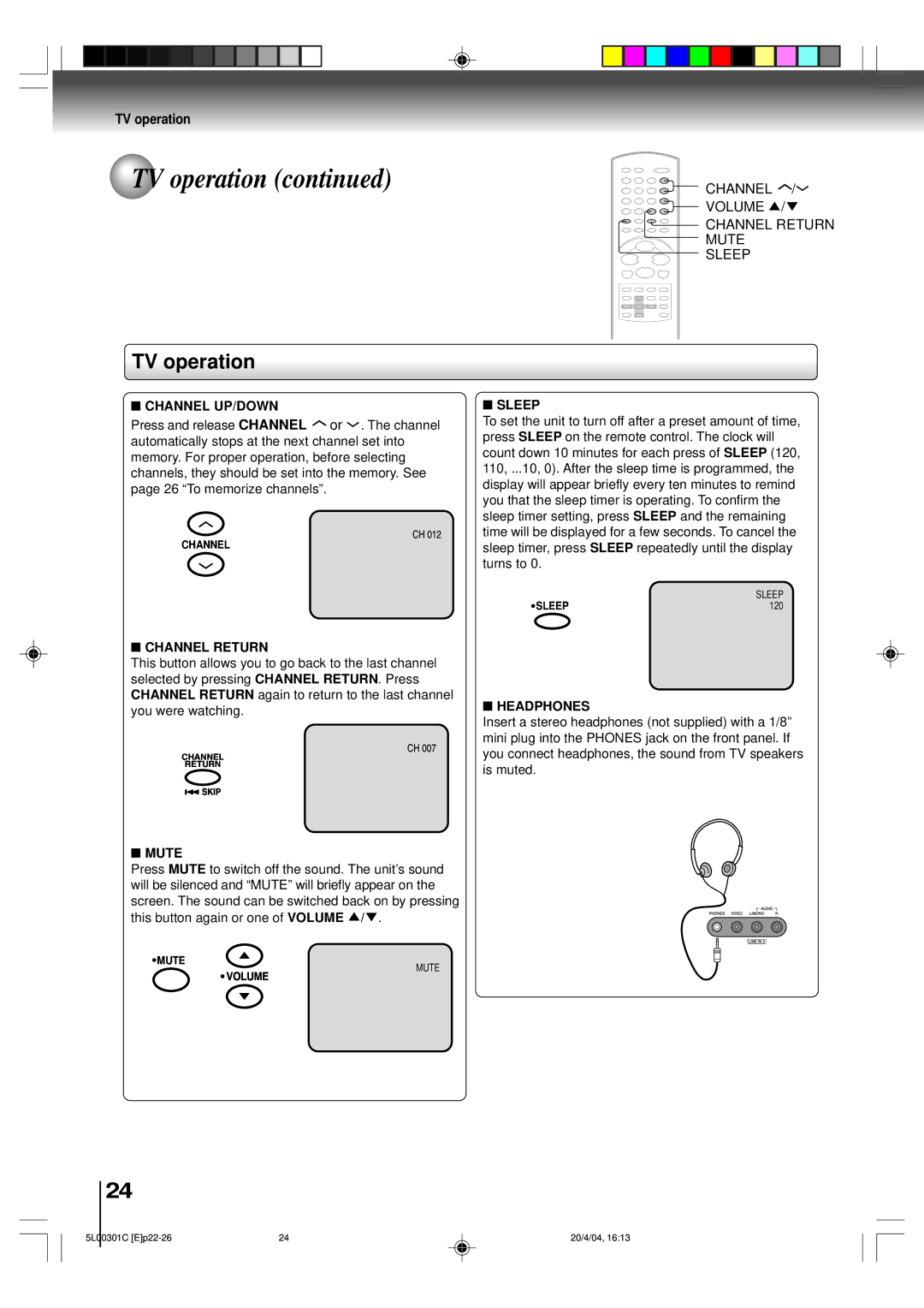 Toshiba MW20FP3, MW24FP3 owner manual Channel UP/DOWN, Sleep, Channel Return, Mute, Headphones 