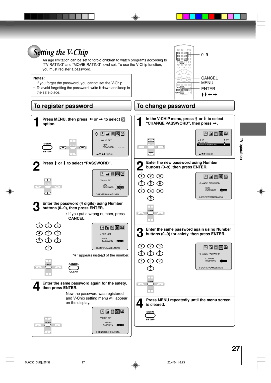 Toshiba MW24FP3, MW20FP3 Setting the V-Chip, To register password, To change password, Press or to select Password, Cancel 