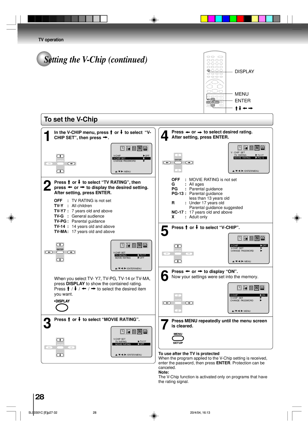 Toshiba MW20FP3, MW24FP3 owner manual To set the V-Chip 