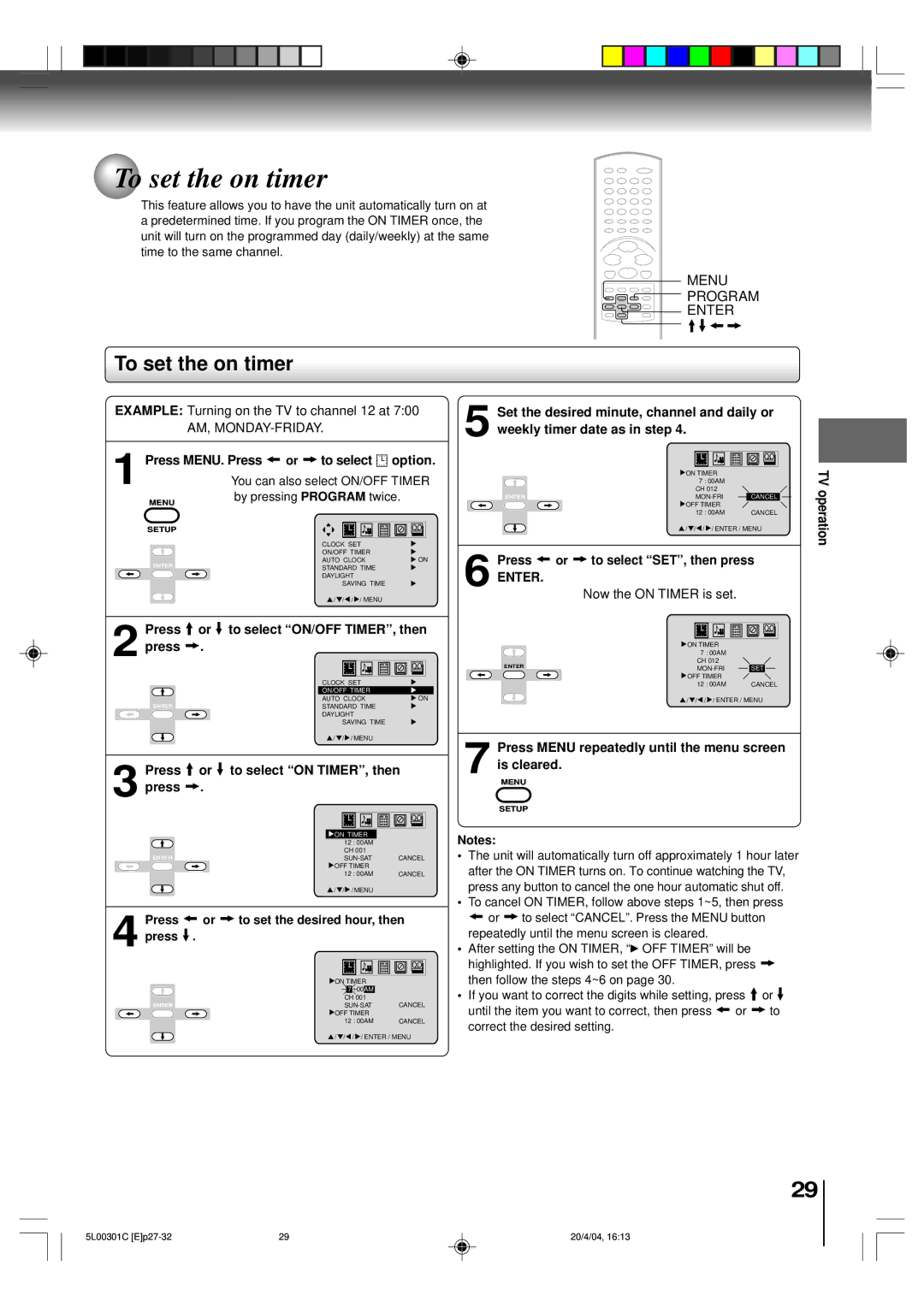 Toshiba MW24FP3, MW20FP3 owner manual To set the on timer 