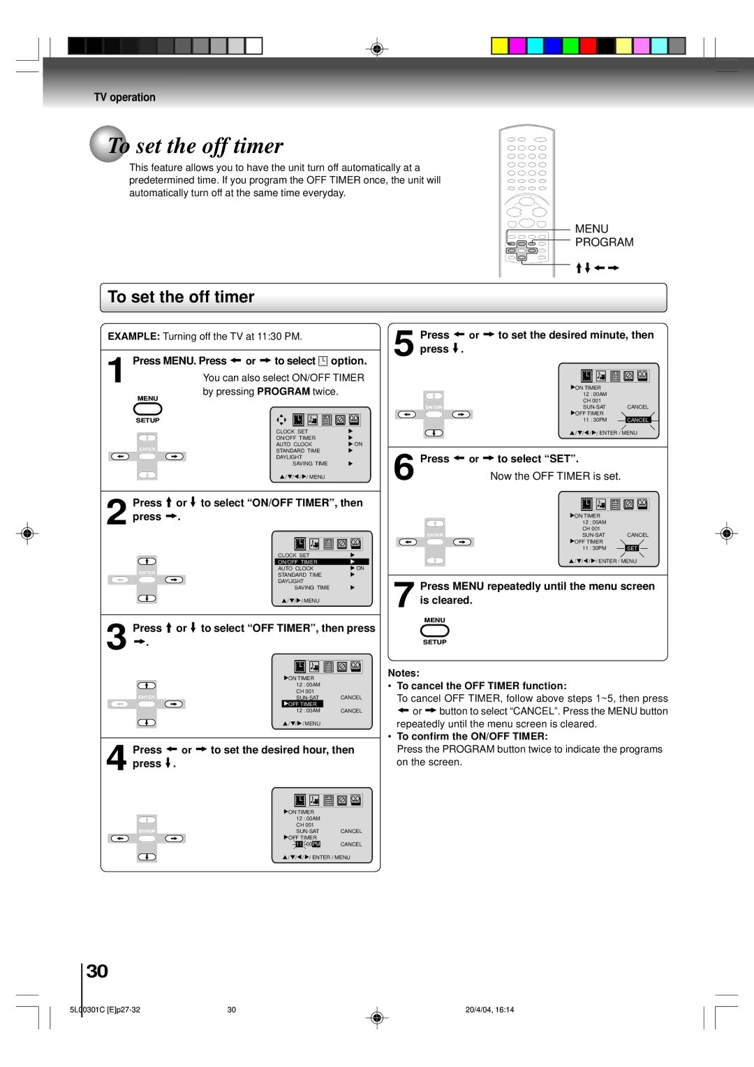 Toshiba MW20FP3, MW24FP3 owner manual To set the off timer, Menu, Program 