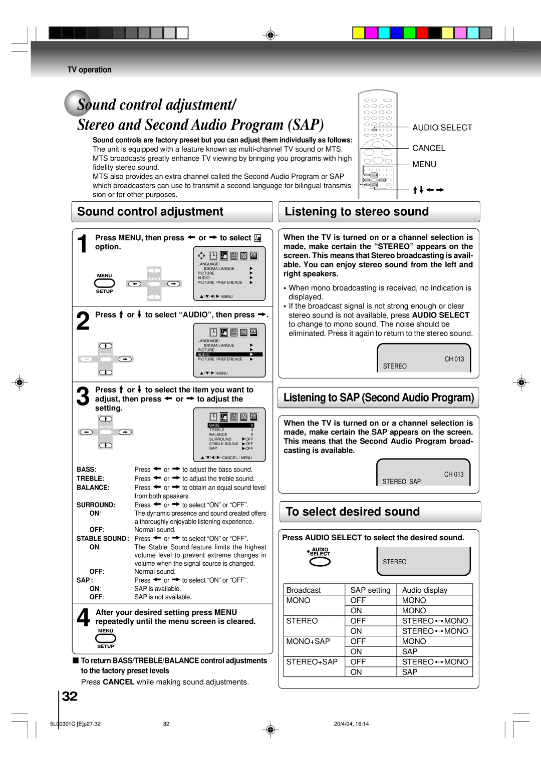 Toshiba MW20FP3, MW24FP3 Sound control adjustment, Listening to stereo sound, Listening to SAP Second Audio Program 