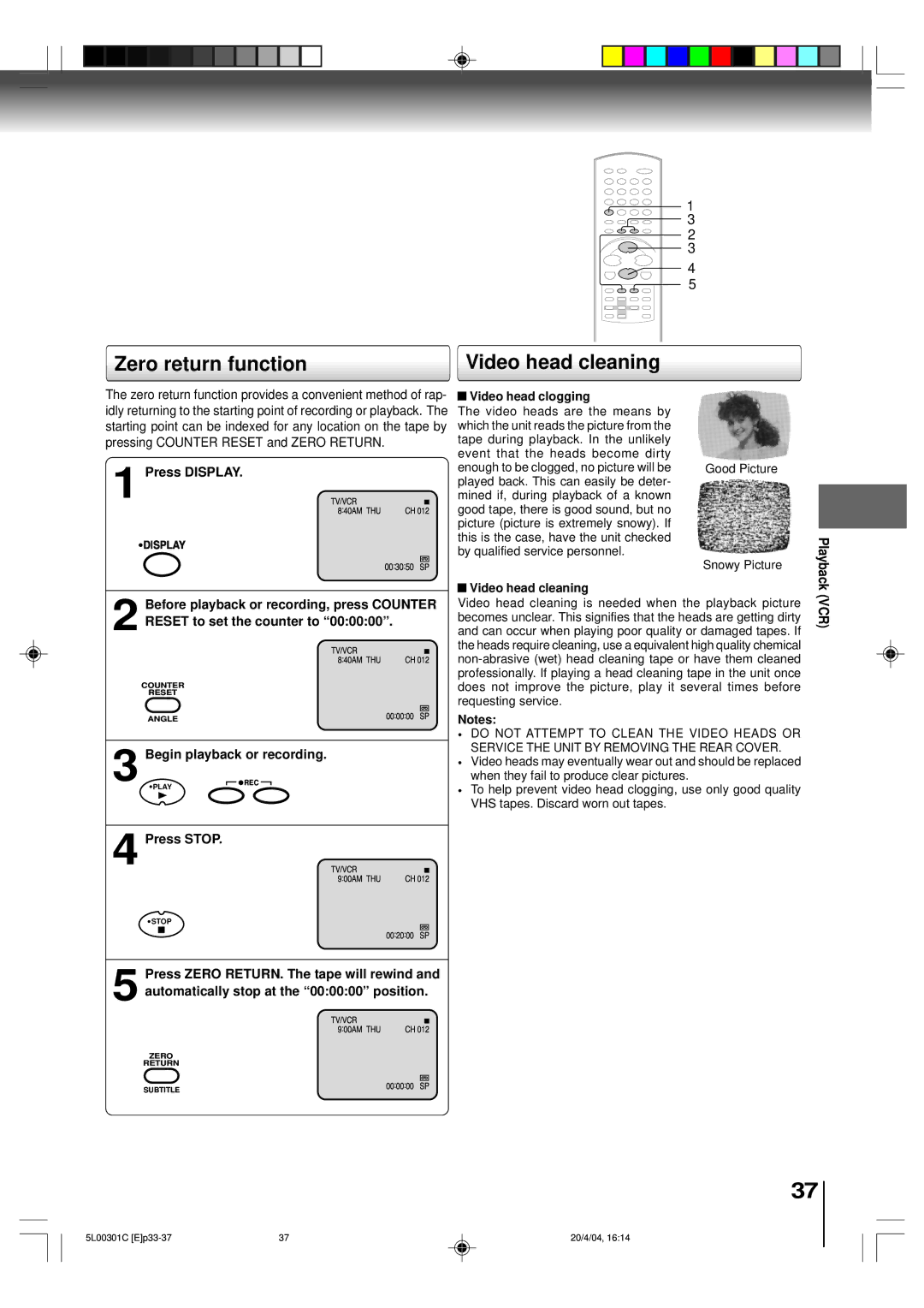 Toshiba MW24FP3, MW20FP3 owner manual Zero return function Video head cleaning, Vcr 