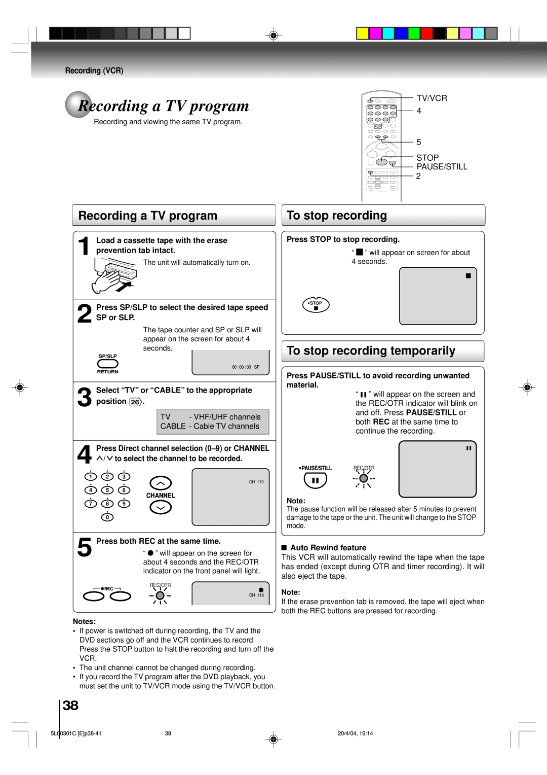 Toshiba MW20FP3, MW24FP3 owner manual Recording a TV program, To stop recording temporarily, Recording VCR 