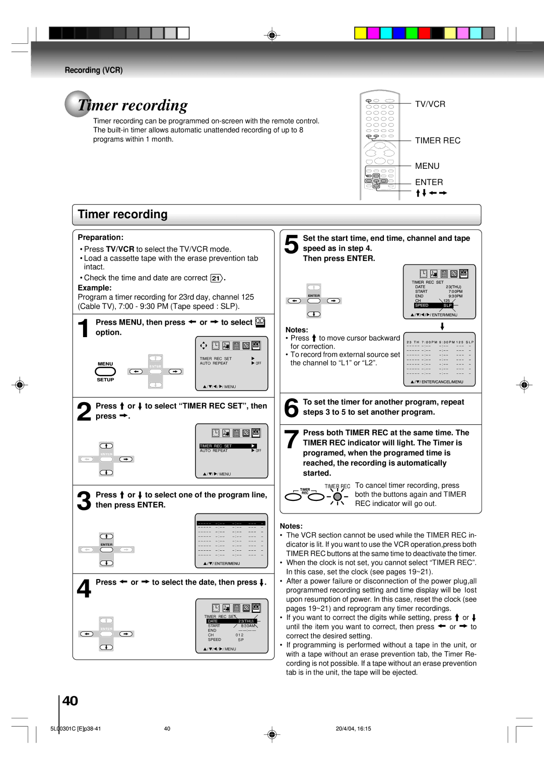 Toshiba MW20FP3, MW24FP3 owner manual Timer recording, Example, Press or to select Timer REC SET, then press 