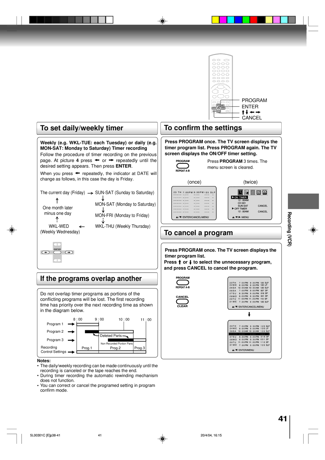 Toshiba MW24FP3 To set daily/weekly timer, If the programs overlap another, To confirm the settings, To cancel a program 