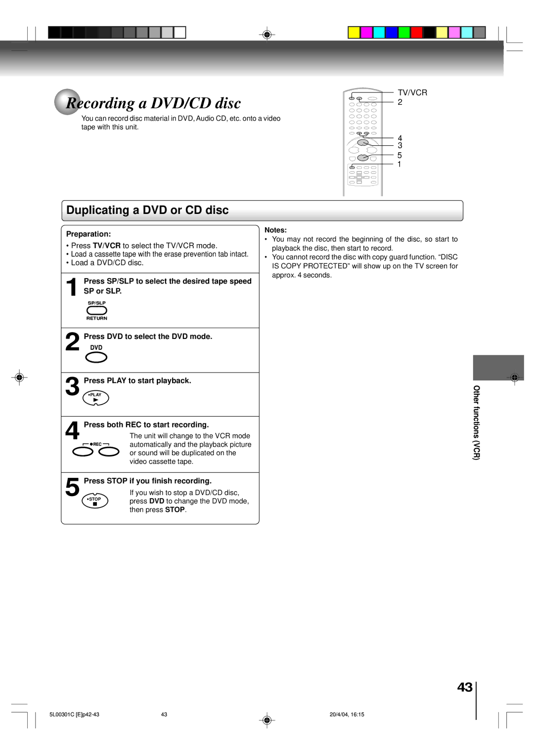 Toshiba MW24FP3, MW20FP3 Recording a DVD/CD disc, Duplicating a DVD or CD disc, Press DVD to select the DVD mode 