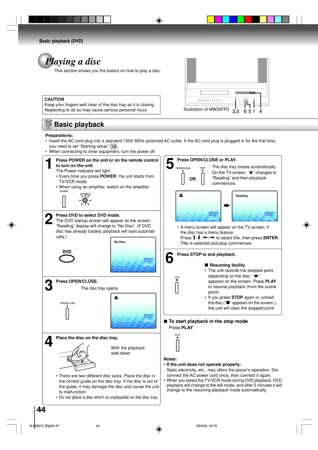 Toshiba MW20FP3, MW24FP3 owner manual Playing a disc, Vcdcd Basic playback, Basic playback DVD 