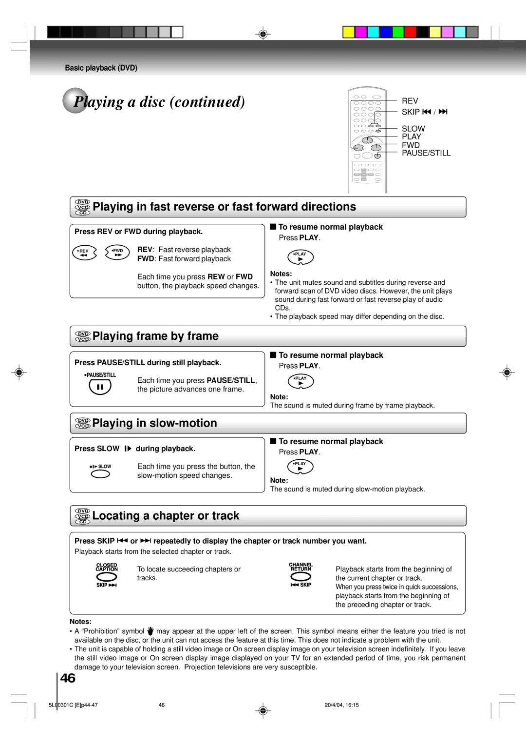 Toshiba MW20FP3, MW24FP3 owner manual VCD Playing in fast reverse or fast forward directions, Vcddvd Playing frame by frame 