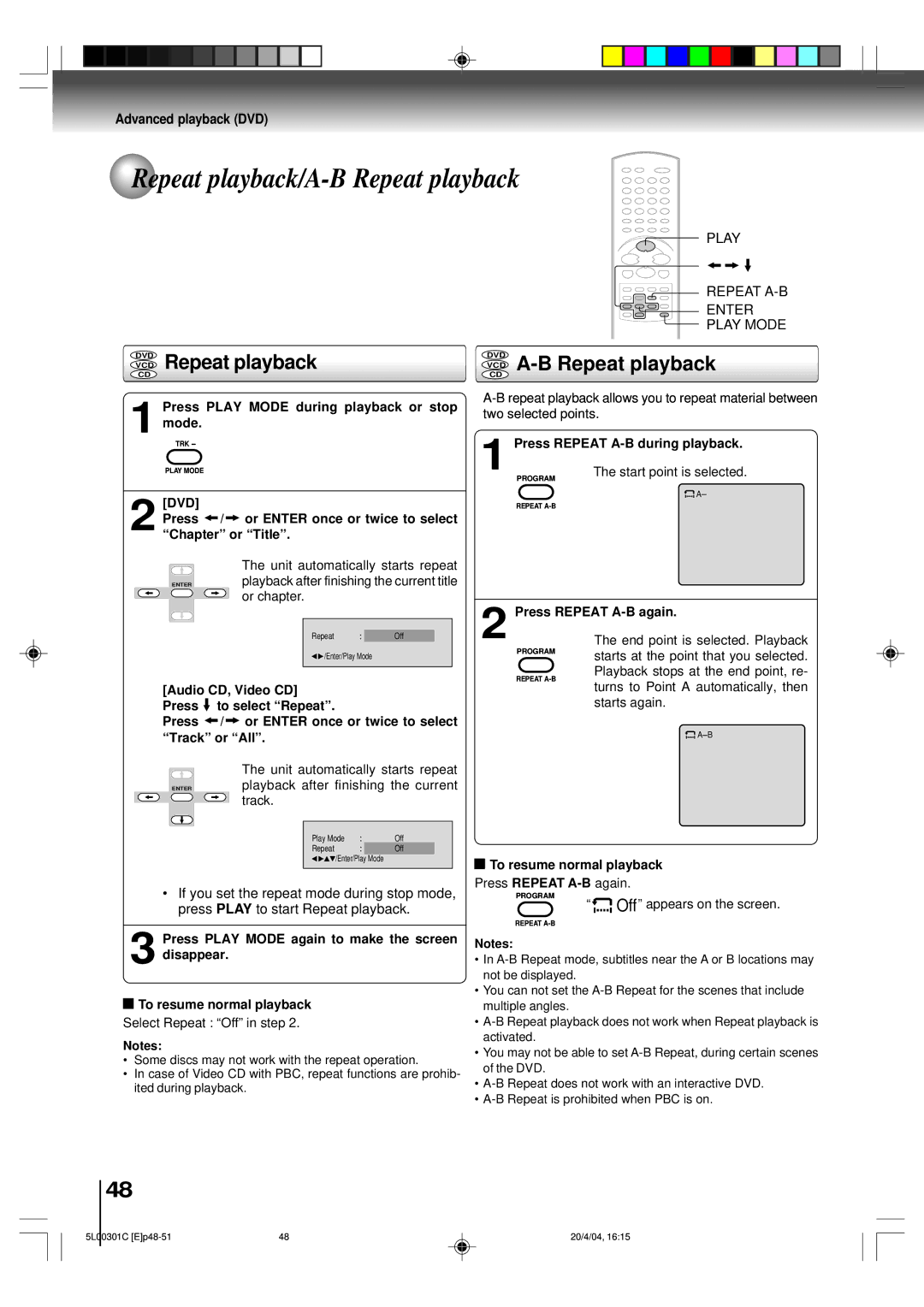 Toshiba MW20FP3, MW24FP3 owner manual Repeat playback/A-B Repeat playback, VCD Repeat playback, VCD A-B Repeat playback 