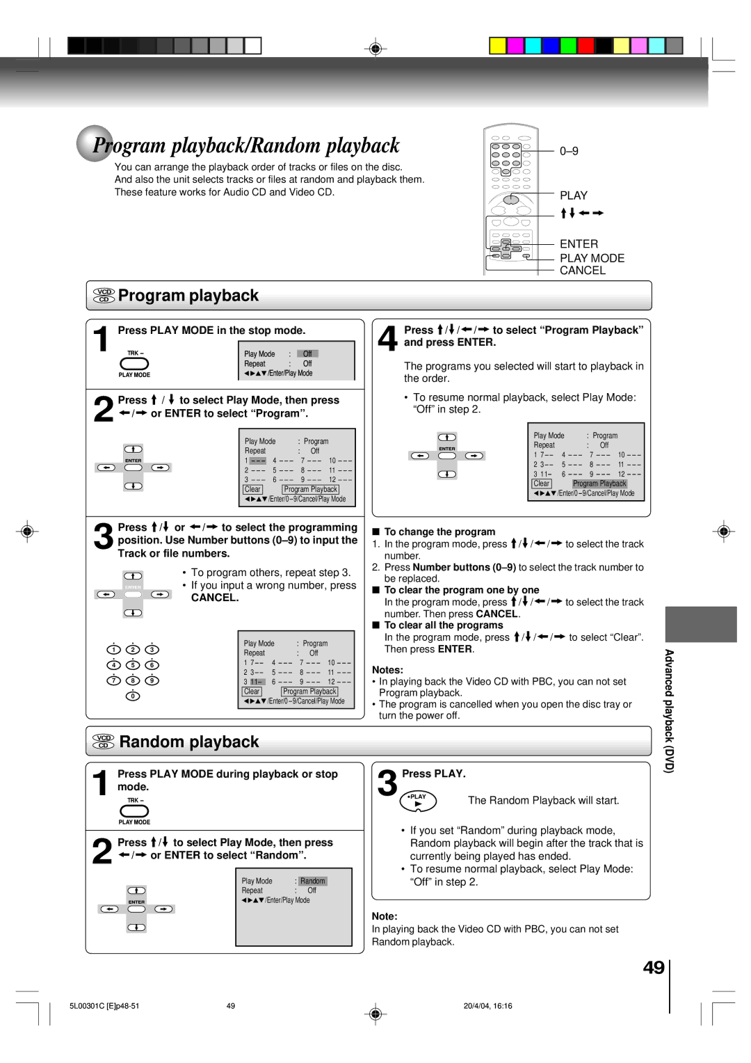 Toshiba MW24FP3, MW20FP3 owner manual Program playback/Random playback, Vcdcd Program playback 