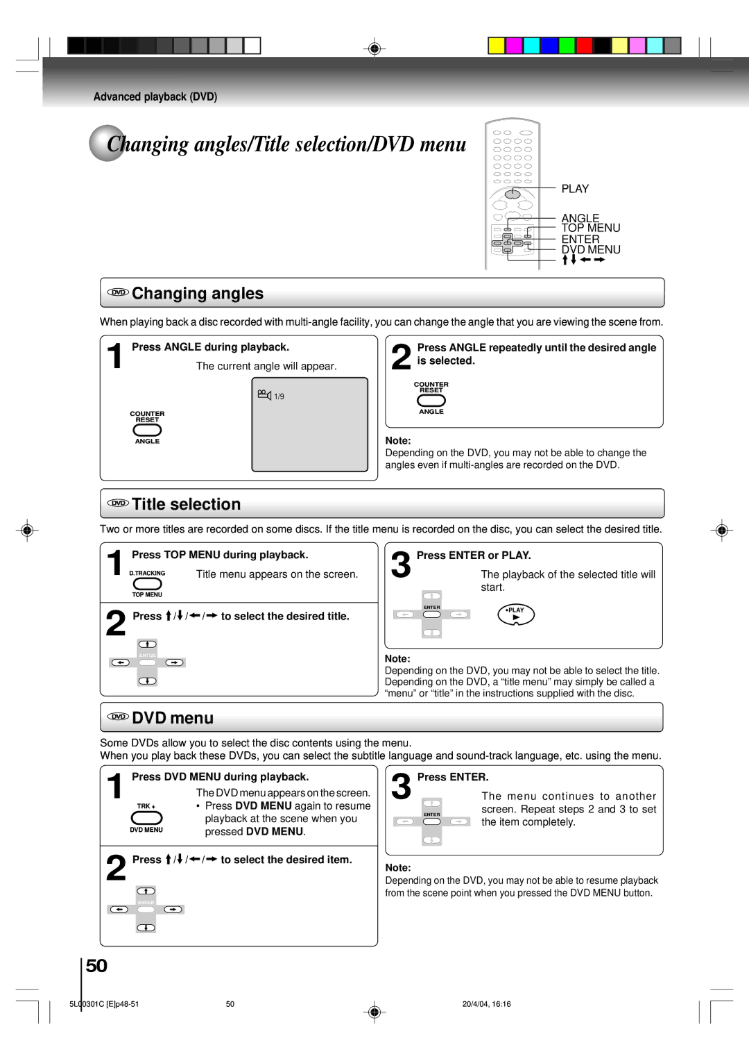 Toshiba MW20FP3, MW24FP3 owner manual Changing angles/Title selection/DVD menu 