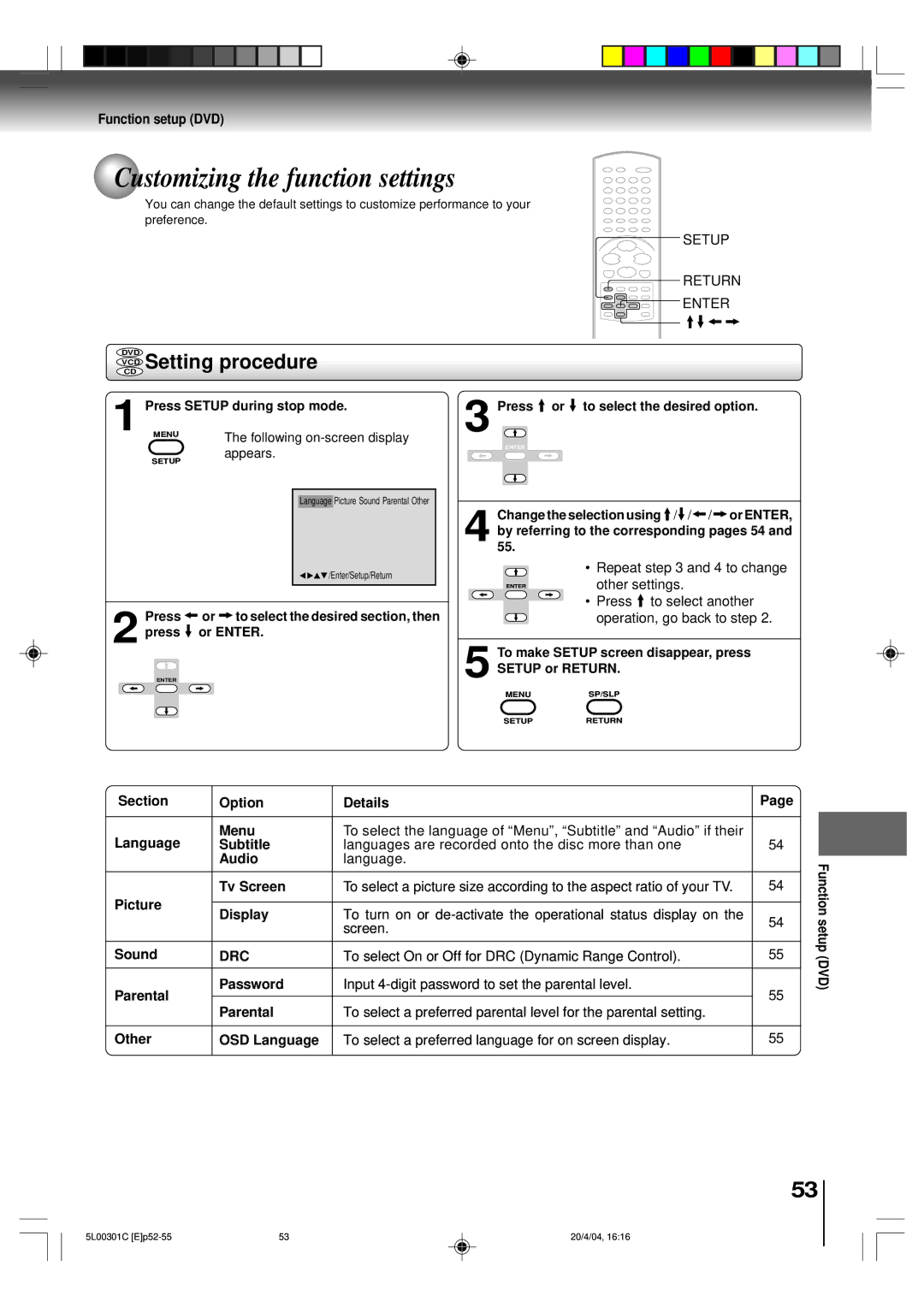 Toshiba MW24FP3, MW20FP3 owner manual Customizing the function settings, VCD Setting procedure 