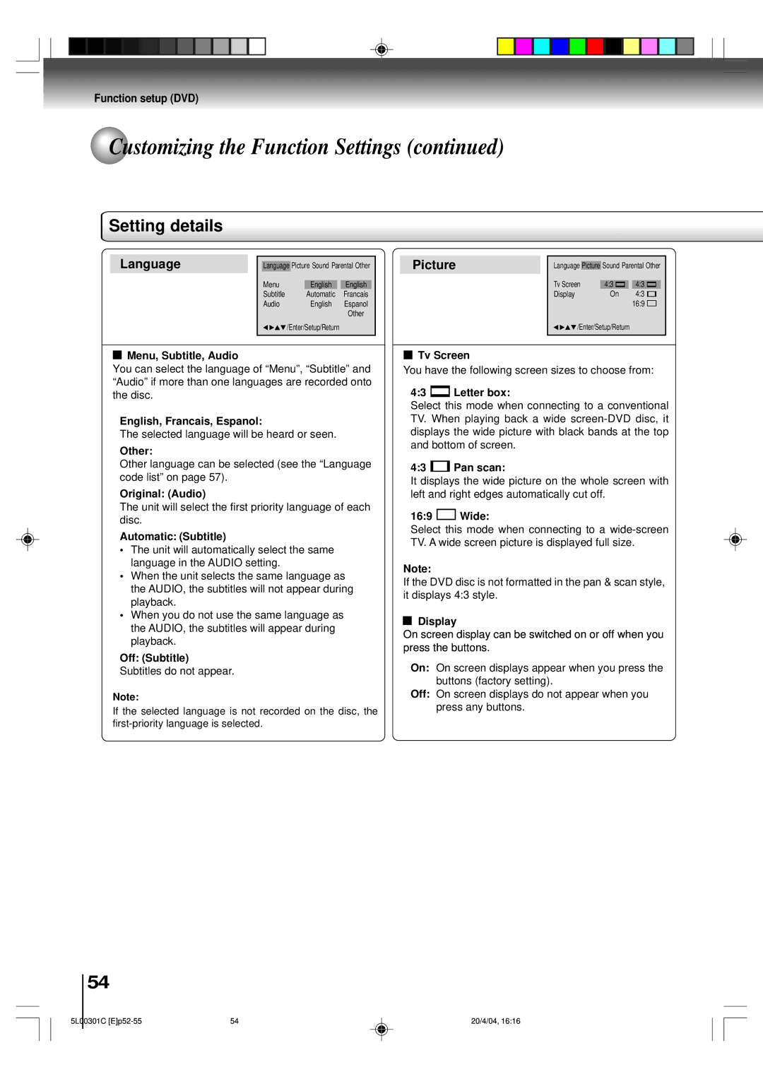 Toshiba MW20FP3, MW24FP3 owner manual Setting details 