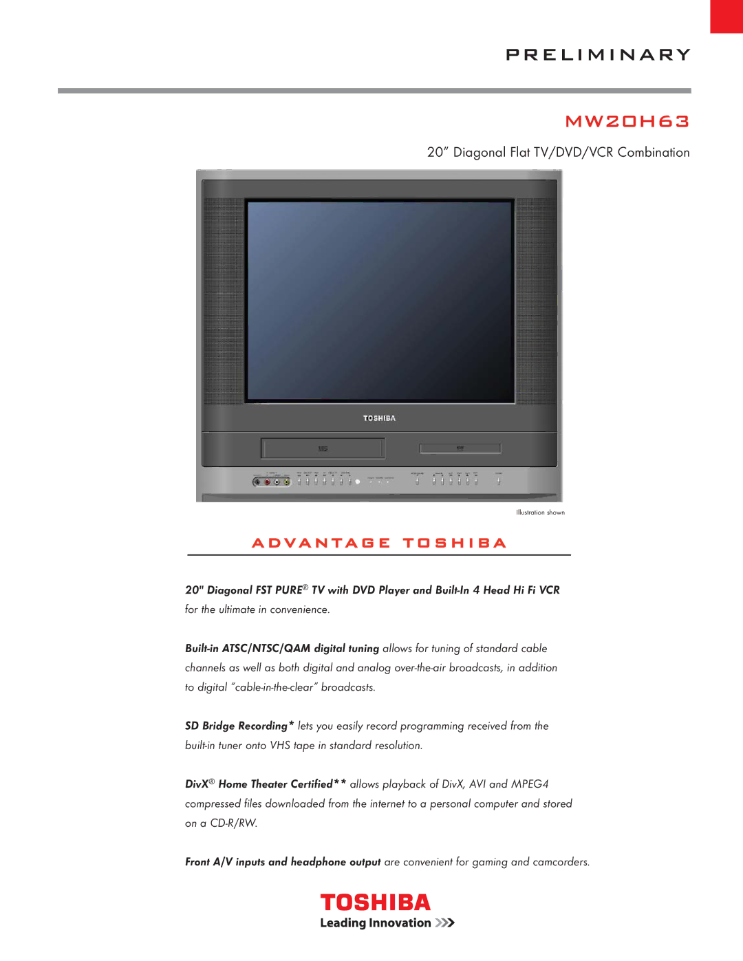 Toshiba MW20H63 manual Preliminary 