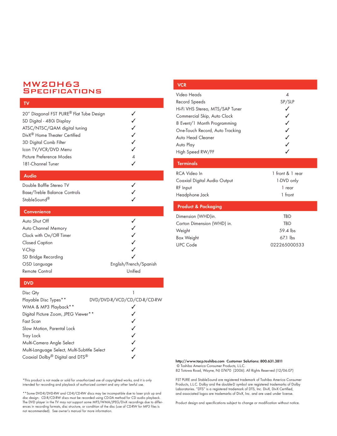 Toshiba manual MW20H63 Specifications, Dvd, Vcr 