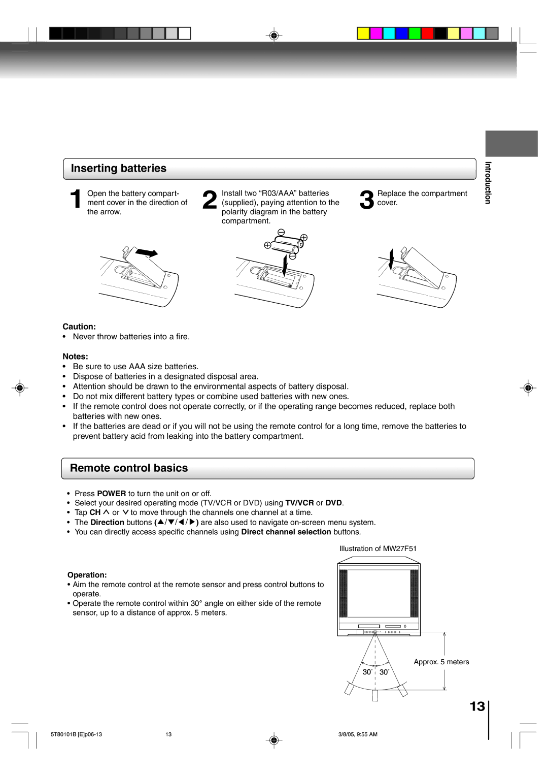 Toshiba MW20F51, MW24F51, MW27F51 owner manual Inserting batteries, Operation 