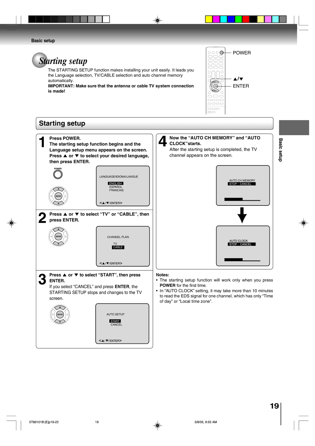 Toshiba MW20F51, MW24F51, MW27F51 owner manual Starting setup, Basic setup, Enter 