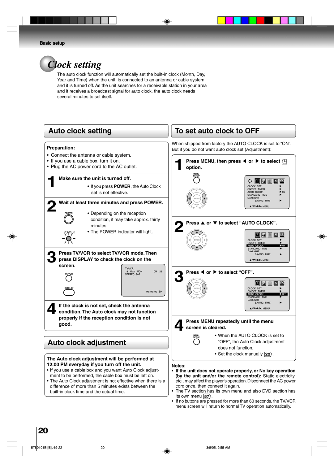 Toshiba MW27F51, MW24F51, MW20F51 Clock setting, Auto clock setting, To set auto clock to OFF, Auto clock adjustment 