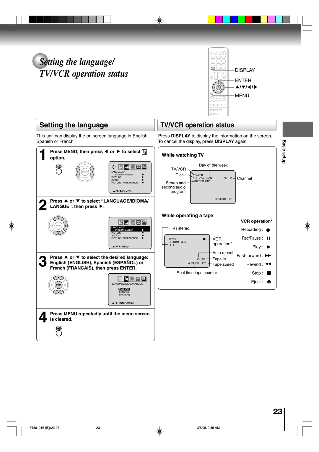 Toshiba MW27F51, MW24F51, MW20F51 Setting the language TV/VCR operation status, While watching TV, While operating a tape 