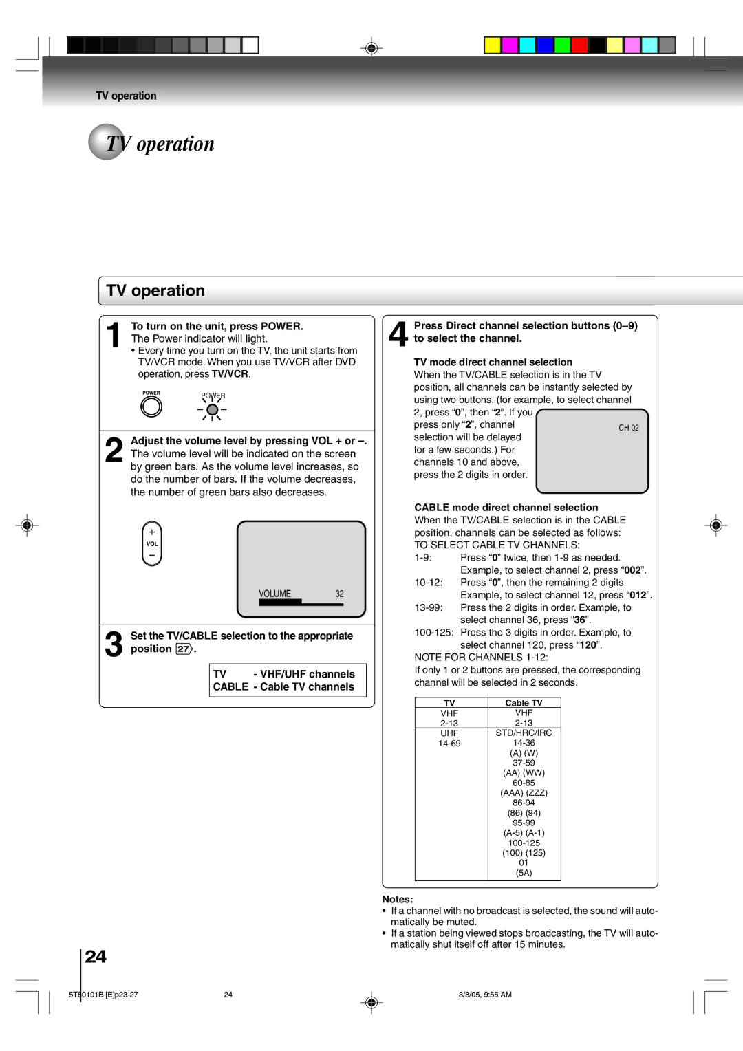 Toshiba MW24F51, MW20F51 TV operation, Adjust the volume level by pressing VOL + or, Cable mode direct channel selection 