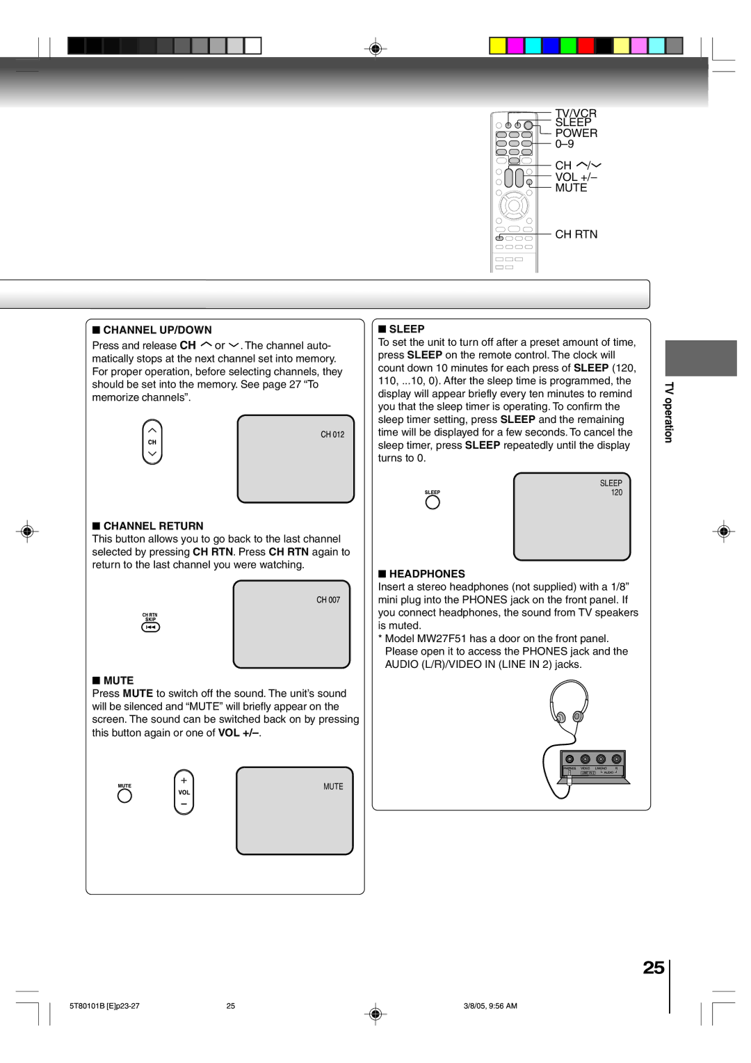 Toshiba MW20F51, MW24F51, MW27F51 owner manual Channel UP/DOWN, Channel Return, Mute, Sleep, Headphones 