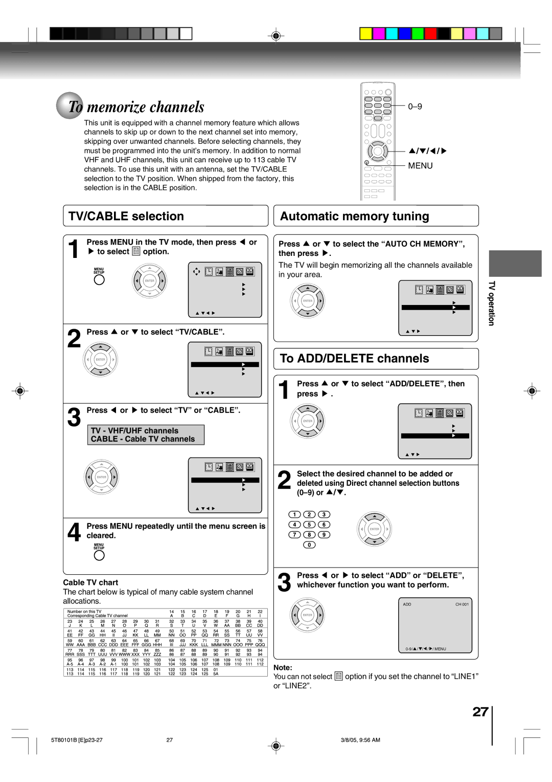 Toshiba MW24F51, MW20F51, MW27F51 To memorize channels, TV/CABLE selection, Automatic memory tuning, To ADD/DELETE channels 