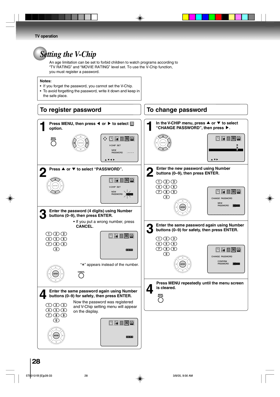 Toshiba MW20F51, MW24F51, MW27F51 owner manual Setting the V-Chip, To register password To change password, Cancel 