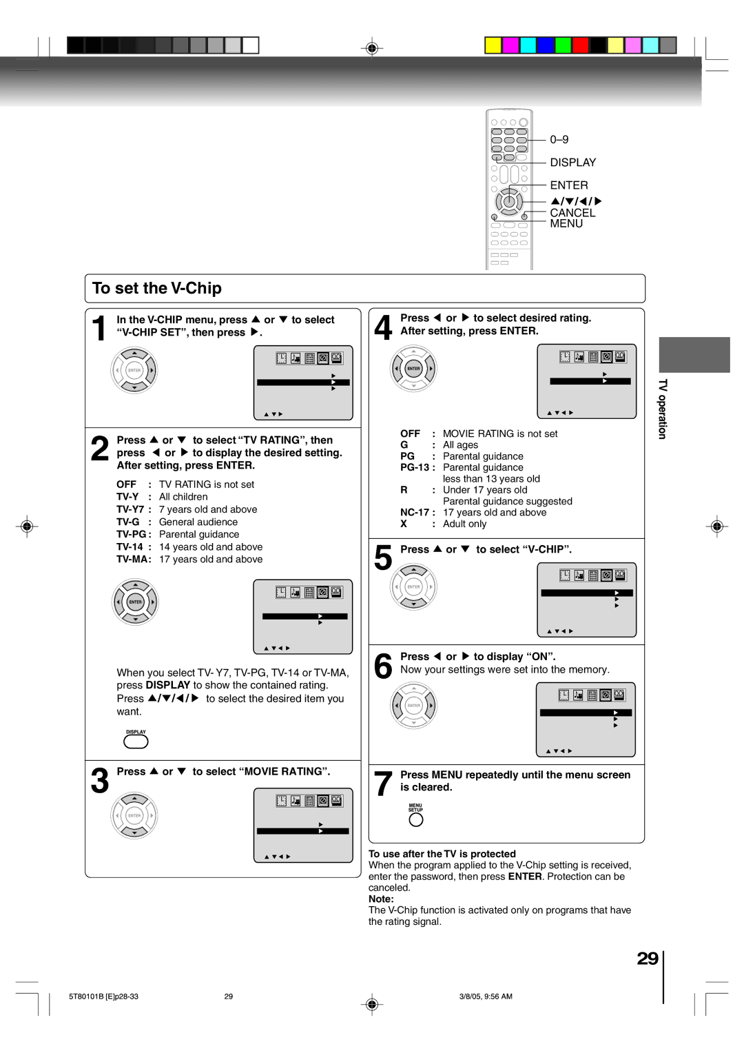 Toshiba MW27F51, MW24F51, MW20F51 owner manual To set the V-Chip, Off, Tv-Y, Tv-G, Tv-Ma 