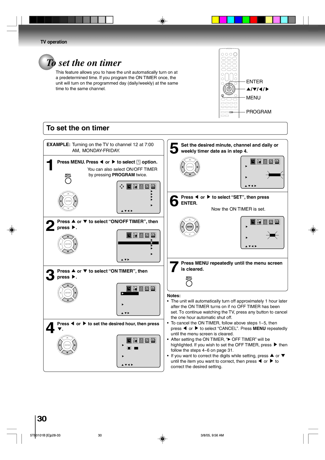 Toshiba MW24F51, MW20F51, MW27F51 owner manual To set the on timer, Press MENU. Press or to select Option 