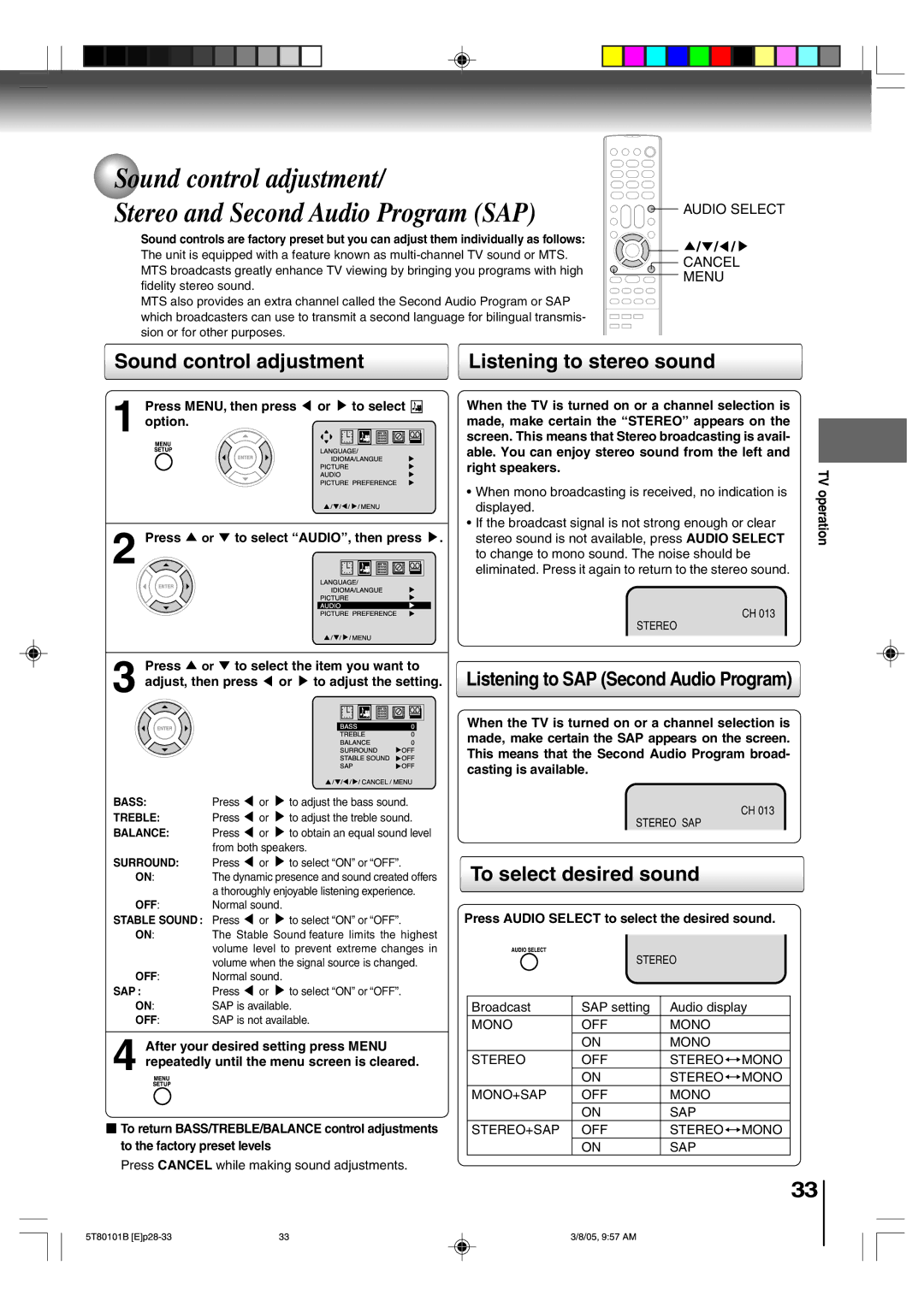 Toshiba MW24F51, MW20F51 Sound control adjustment, Listening to stereo sound, Listening to SAP Second Audio Program 