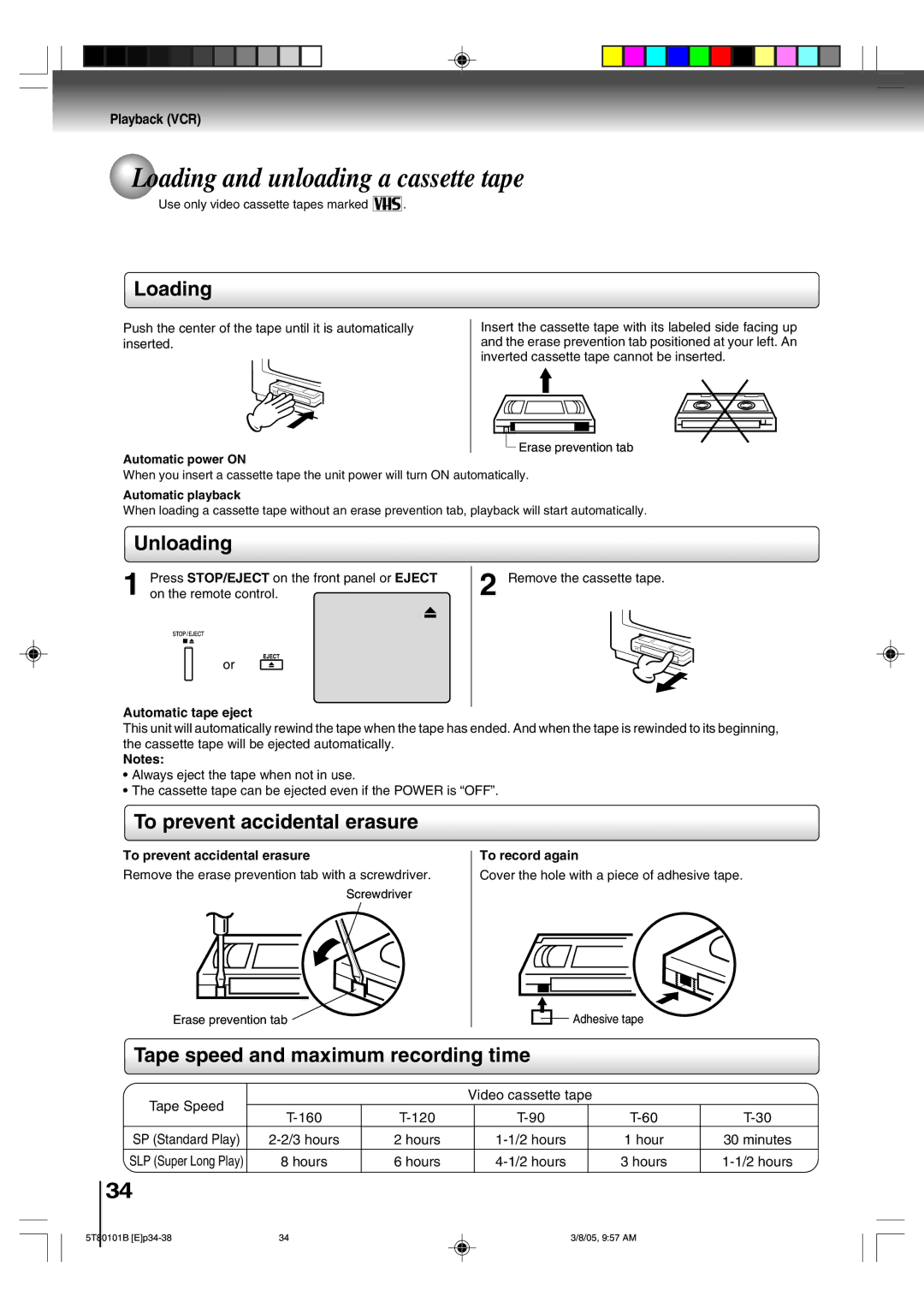 Toshiba MW20F51, MW24F51, MW27F51 Loading and unloading a cassette tape, Unloading, To prevent accidental erasure 