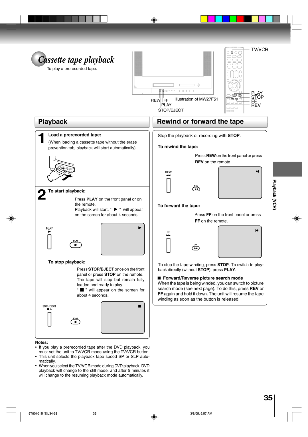 Toshiba MW27F51, MW24F51, MW20F51 owner manual Cassette tape playback, Playback, Rewind or forward the tape 