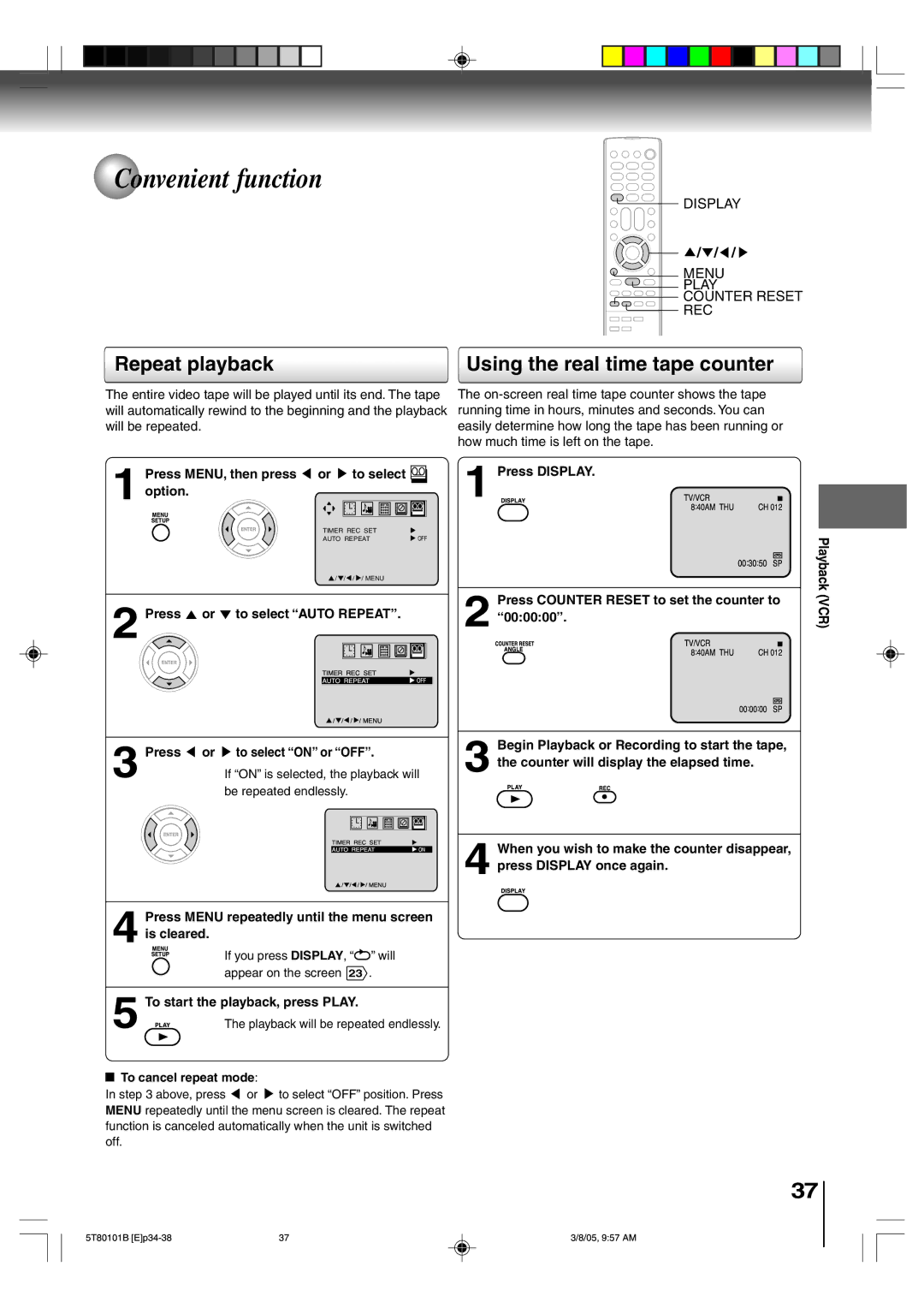 Toshiba MW20F51, MW24F51, MW27F51 owner manual Convenient function, Repeat playback Using the real time tape counter 